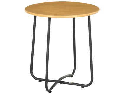 Kulatý zahradní stolek Outsunny, vzhled dřeva, zahradní stolek s ocelovou deskou, zahradní stolek, černá+přírodní, 48 x 48 x 51 cm