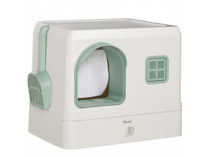 Kočičí toaleta PawHut s lopatkou, zásuvkou, deodorizérem, toaleta s krytem pro kočky do 5 kg, ABS, PP, bílá + zelená 50 x 40 x 40 cm
