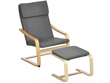 HOMCOM Relaxační křeslo s podnožkou, křídlové křeslo s taburetem, polohovací křeslo s područkou, jídelní židle, relaxační křeslo s plátěným potahem, šedá barva