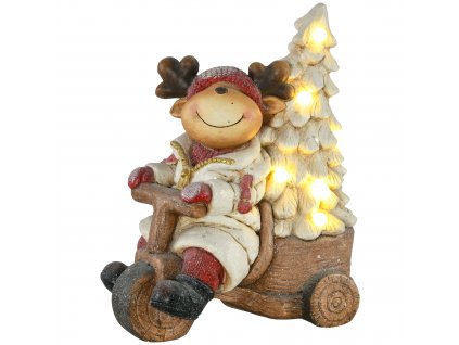HOMCOM vánoční dekorace, sob na tříkolce s vánočním stromkem, 44 cm dekorativní figurka na Vánoce, vánoční figurka s LED světlem