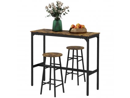 HOMCOM Barový set, 3dílný barový stůl s barovou židlí, jídelní skupina v industriálním designu, kuchyňský stůl se 2 barovými židlemi, rustikální hnědá barva