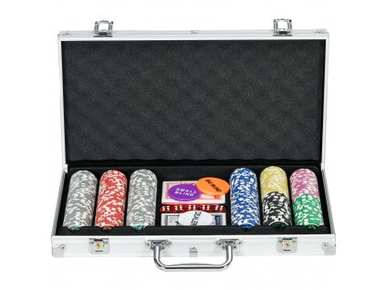 Sada pokerových kufříků SPORTNOW, 300 pokerových žetonů 11,5 gramu, pokerová sada se zámkem, 2 balíčky, 5 kostek, 1 dealerské tlačítko, 1 small blind, 1 big blind, stříbrná barva