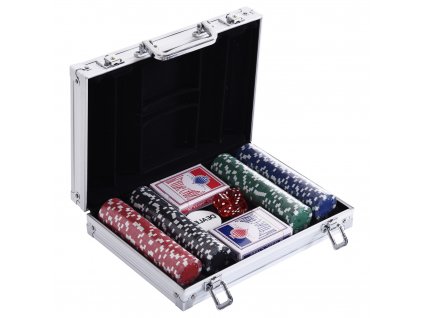 HOMCOM 200 pokerových žetonů pokerový kufřík pokerová sada 2x balíček karet 5x hrací kostka 1x hliníkový kufřík hliník+ polystyren 29,5x20,5x6,5 cm