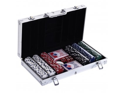 HOMCOM pokerový kufřík pokerová sada 300 žetonů 2x balíček karet 5x hrací kostka 1x hliníkový kufřík pokerová sada žetonů kufřík hliník+ polystyren 38x20,5x6,5 cm
