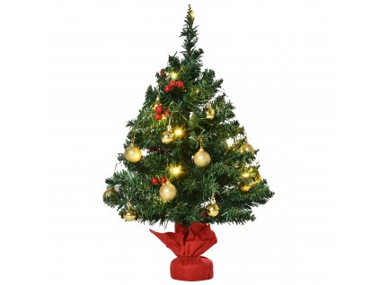 HOMCOM Vánoční stromek malý, mini vánoční stromek s bobulemi cesmíny, ozdobami a LED světýlky na stůl Zelený PVC ∅40 x 60 cm