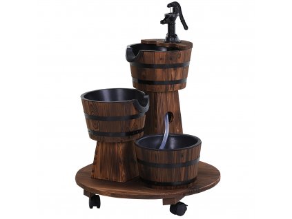 Dřevěná sudová fontána Outsunny s vodním čerpadlem, kaskádová fontána, vnitřní fontána, snadná přeprava, jedlové dřevo, ohořelé dřevo, rozměry 60 x 60 x 78 cm