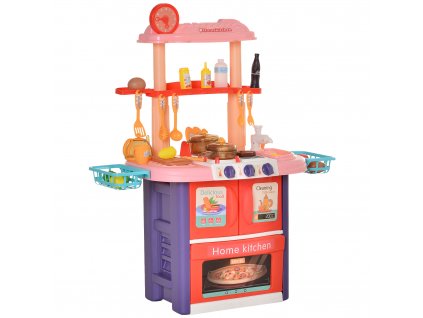 HOMCOM Dětská kuchyňka s příslušenstvím, 51dílná kuchyňka na hraní, plastová, růžová+fialová, 71,5x35x85,5 cm