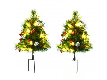 HOMCOM sada 2 mini umělých vánočních stromků s borovicovými šiškami a červenými bobulemi, ozdobami a teplými bílými LED světýlky Ø33 x 75 cm
