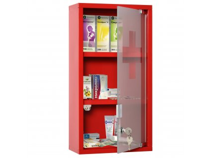 Lékárnička Skříňka první pomoci se zámkem 3 přihrádky kovová červená 25 x 12 x 48 cm