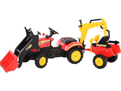 Šlapací traktor s nakladačem, přívěsem a lžící | červeno-žlutý