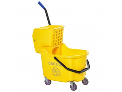 HOMCOM úklidový vozík velkokapacitní úklidový kbelík přenosný koš na kolečkách s rolovacím štítem rukojeť vývod odpadní vody design boční tlaková ždímačka žlutá