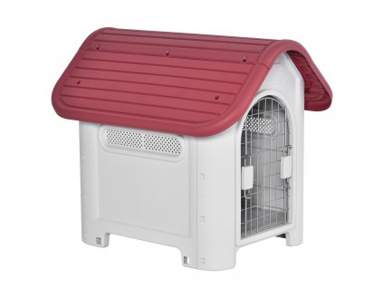 PawHut psí bouda venkovní psí bouda se střešním poklopem brána přístřešek pro malé psy malý zvířecí dům cirkulace vzduchu vodotěsný kov PP červená + světle šedá