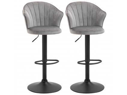 HOMCOM Sada 2 barových židlí otočné barové židle s opěradlem sametový dotek výškově nastavitelné bez područek pěnové šedé 51,5x 57,5 x 93-114,5 cm