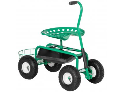 Outsunny zahradní vozík dílenský vozík zahradní sedačka s otočným sedadlem úložný koš výškově nastavitelný nosnost 150 kg kov+guma zelená 81 x 44,5 x 46-59 cm