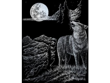 Škrabací obrázek - Vlk vyjící na měsíc (stříbrný)