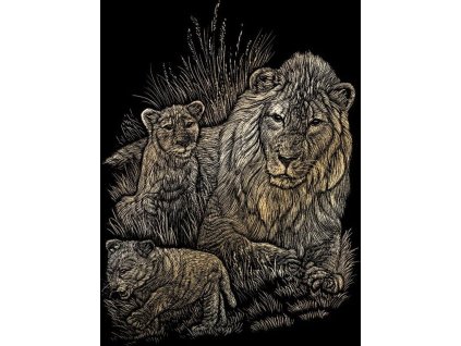 Škrabací obrázek - Lvice s lvíčaty (zlatá)
