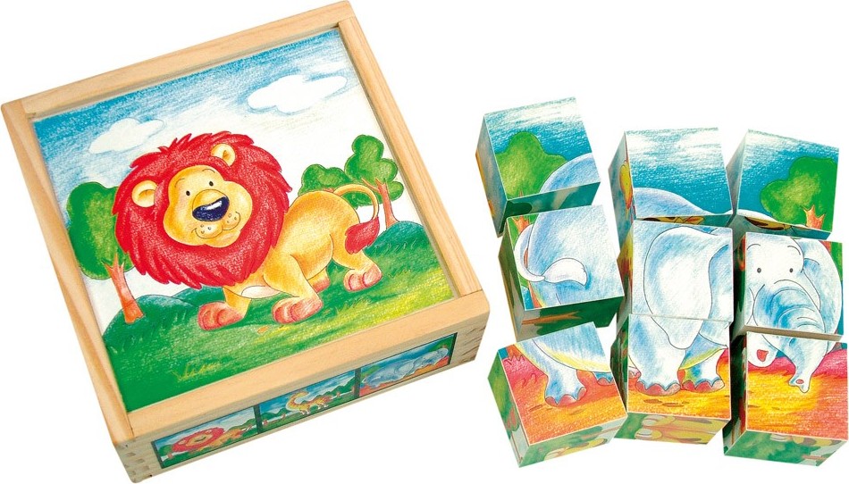 Bino Dřevěné hračky obrázkové kostky divoká zvířata 9 ks