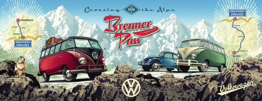 RAVENSBURGER Panoramatické puzzle Přes Alpy s VW 1000 dílků