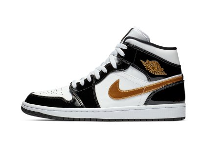 Jordan 1 Mid Patent Black White Gold 1