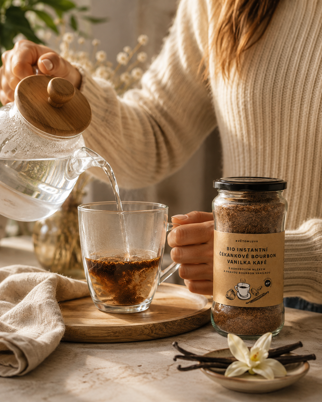 Příprava BIO čekankového kafé s Bourbon vanilkou