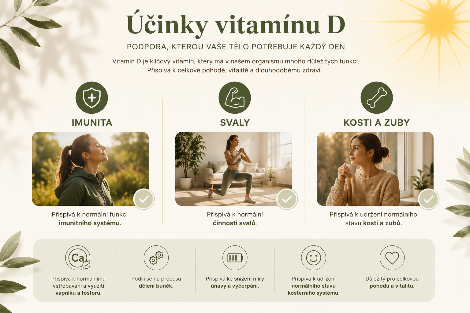 Infografika účinků vitamínu D na imunitu, svaly a kosti