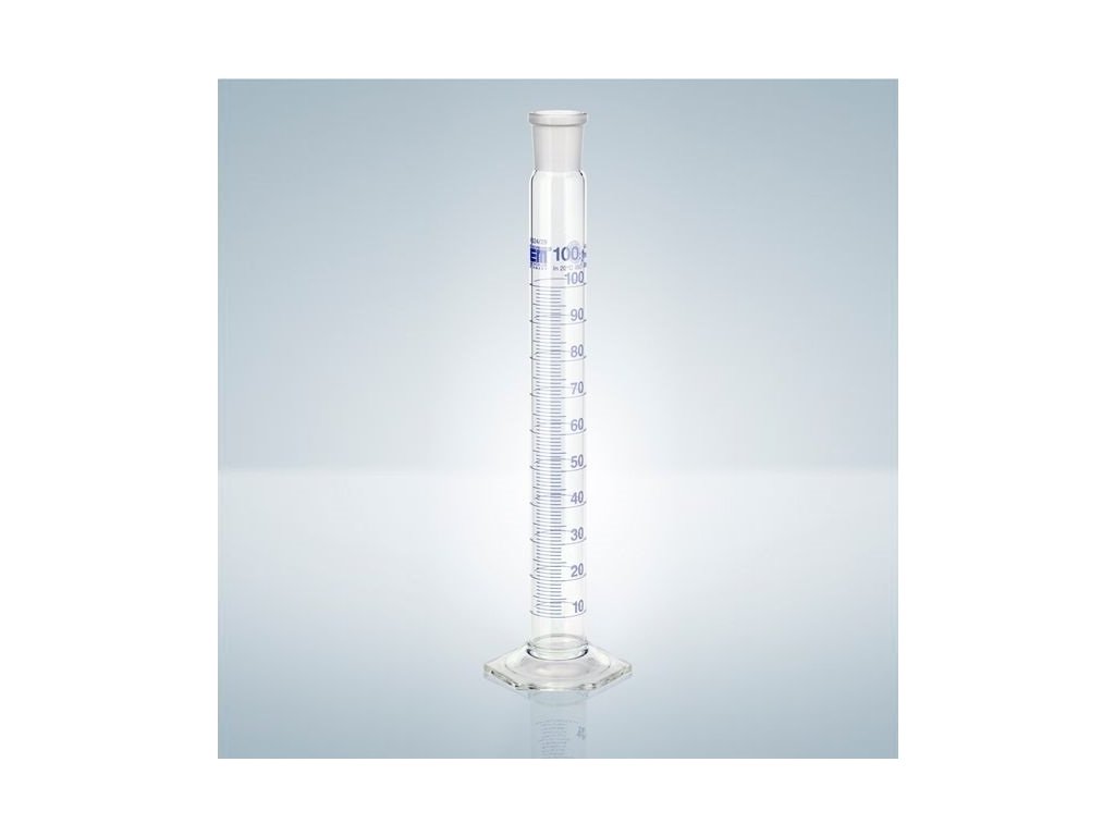 Modrý odmerný valec so zátkou