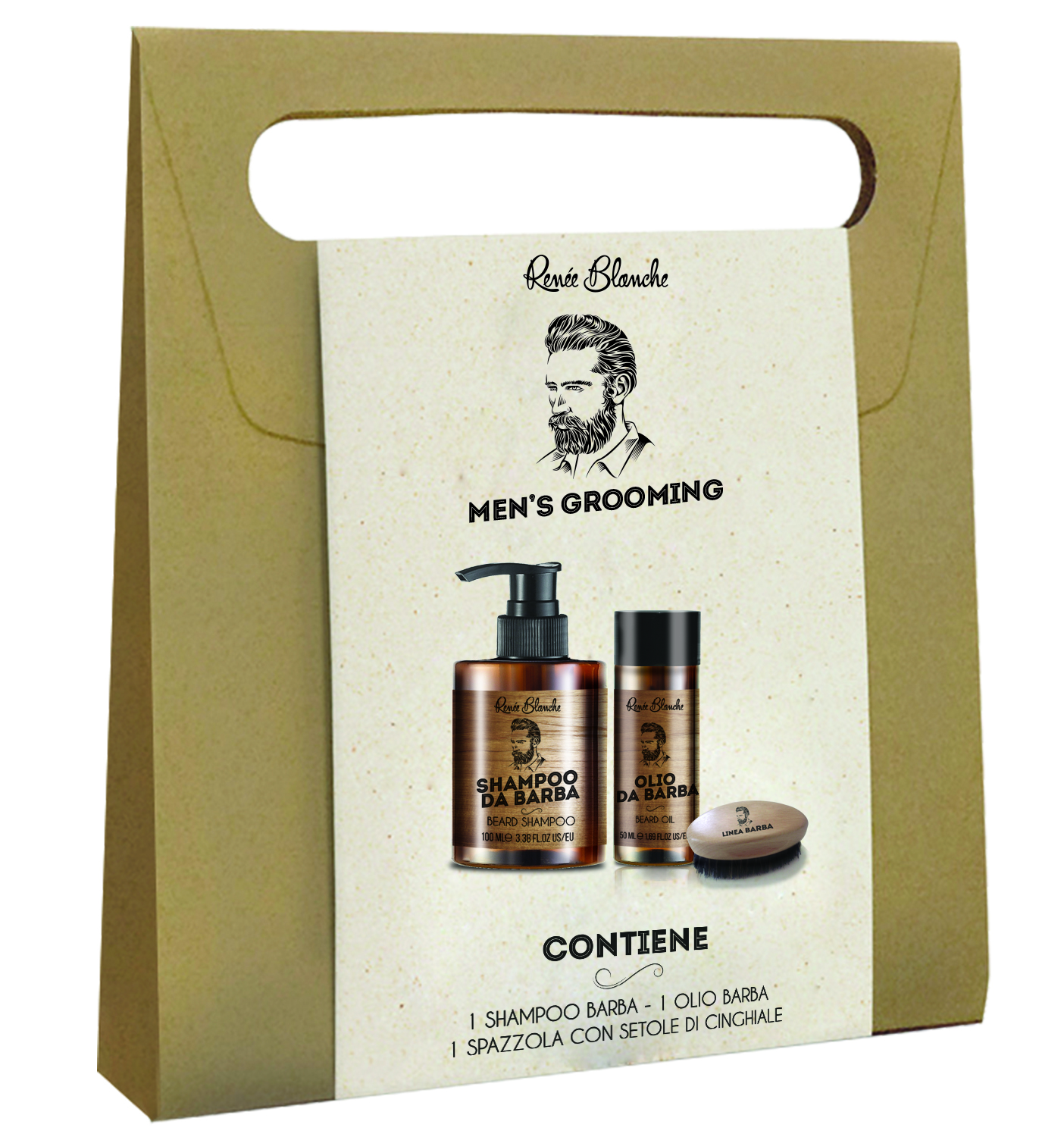 Výhodné balení - Dárková taška na vousy a knír - RENÉE BLANCHE - POCHETTE GROOMING (šampon, olej, kartáč z kančích štětin)
