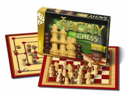 Šachy, dáma, mlýn dřevěné figurky a kameny společenská hra v krabici 35x23x4cm