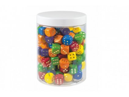 Hrací kostky barevné dřevo společenská hra 16mm 150 ks v plastové dóze 10x14cm