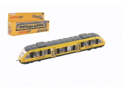 Vlak žlutý RegioJet kov/plast 17cm na volný chod v krabičce 21x9,5x4cm