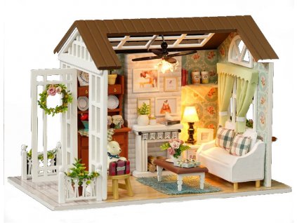 Dřevěný model obývacího pokoje pro panenky k sestavení LED 8008-A