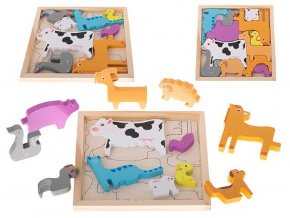 Dřevěné puzzle odpovídají tvarům zvířat