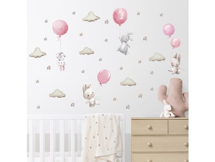 Králíčci s růžovým balonkem PVC samolepka na zeďS041851e3dc5541b88d15e3a3e092bd21n