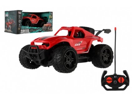 Auto RC buggy terénní červené 23cm plast 27MHz na baterie se světlem v krabici 30x14x16cm