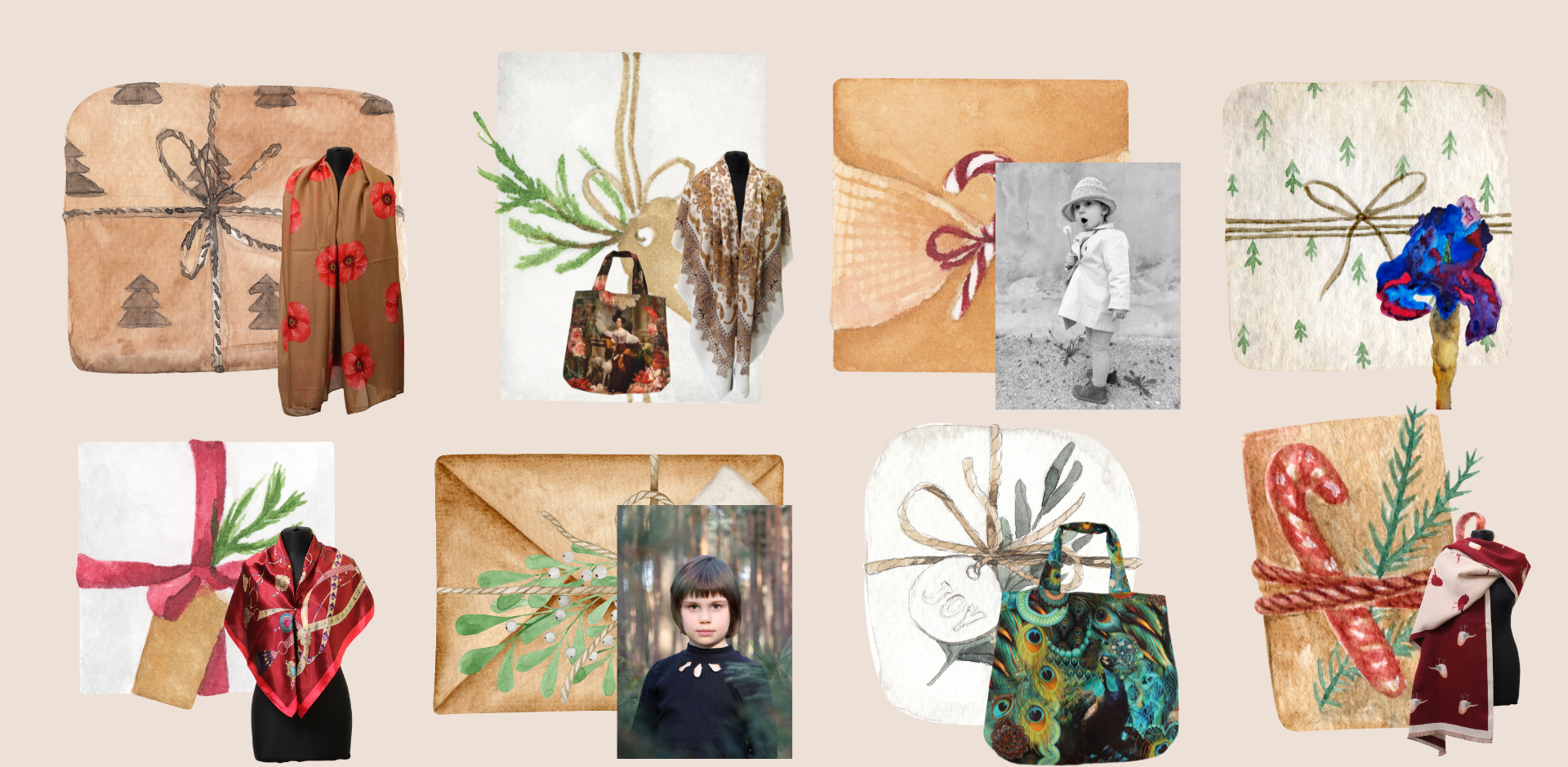 Vánoční nabídka dárků, šátky, papírová přání, tašky přes ramena