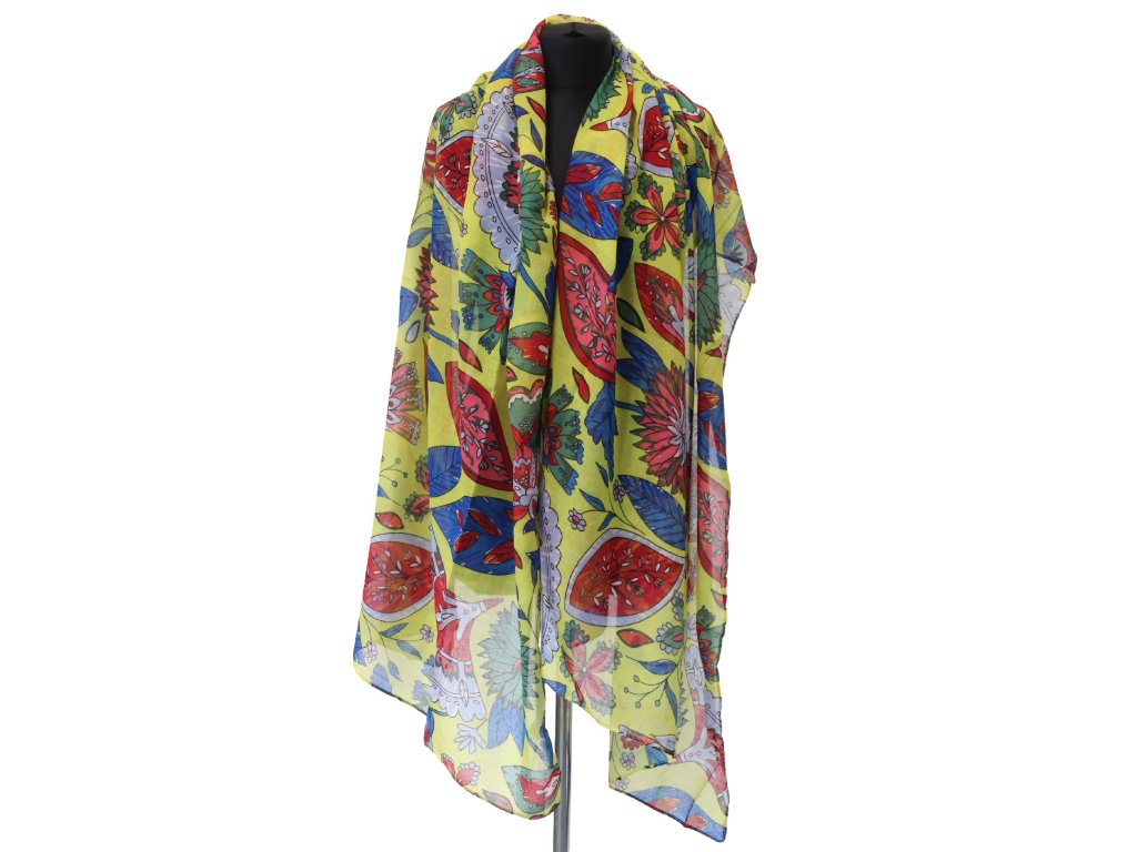 Šála - s barevným květinovým vzorem - sírově žlutá