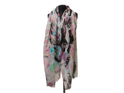 Šála s abstraktním vzorem – šedá, tyrkysová a růžová, 180x85 cm, 50% bavlna, 50% viskóza, elegantní a pohodlná šála