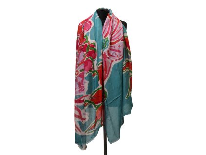 Šála - květiny- růžový a petrolej