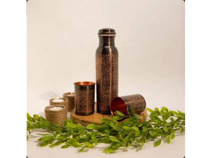 pure copper set of bottle flower pattern antique (± 950 ml 300 g) with 2 cups