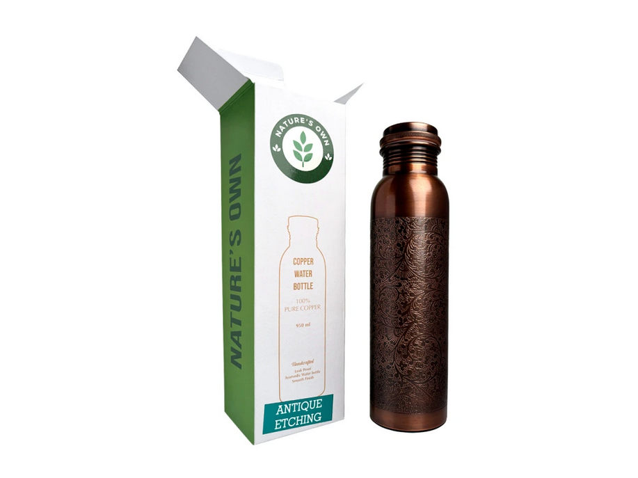 Nature's Own Medená fľaša na vodu vzor Starožitné gravírovanie, 950 ml
