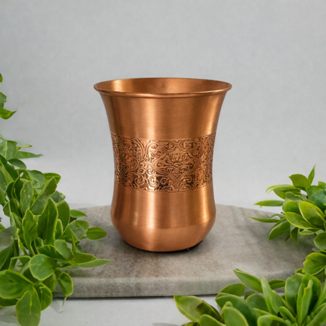 Čistý medený hrnček zaoblený s anticky leptaným okrajom – 300 ml