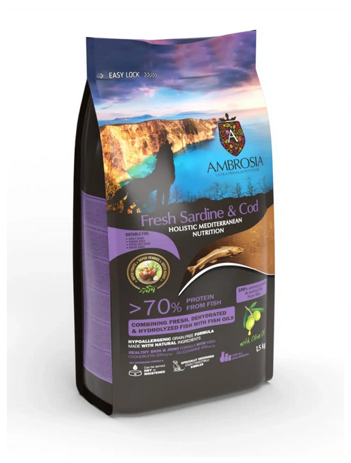 E-shop Ambrosia mediterranean Čerstvé sardinky a treska senior sterilizované 1,5 kg