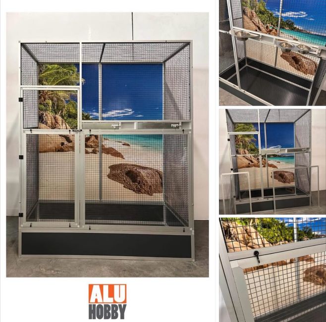 Voliérka se dvěma krmnými pulty a praktickými záklopy, které pomáhají udržet nečistoty uvnitř voliéry – čistota a pohodlí...