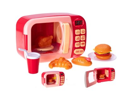 Mikrovlnná trouba 22x15x10cm červená na baterie s doplňky se světlem a zvukem v krabičce