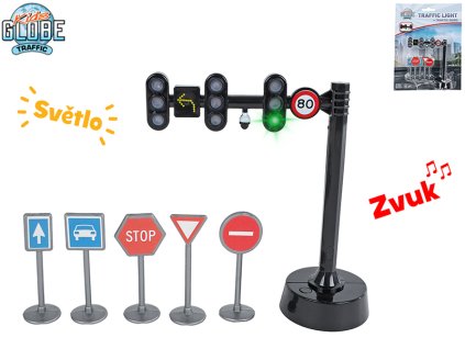 Kids Globe Traffic sada dopravních značek + semafor 11,5cm na baterie se světlem a zvukem na kartě