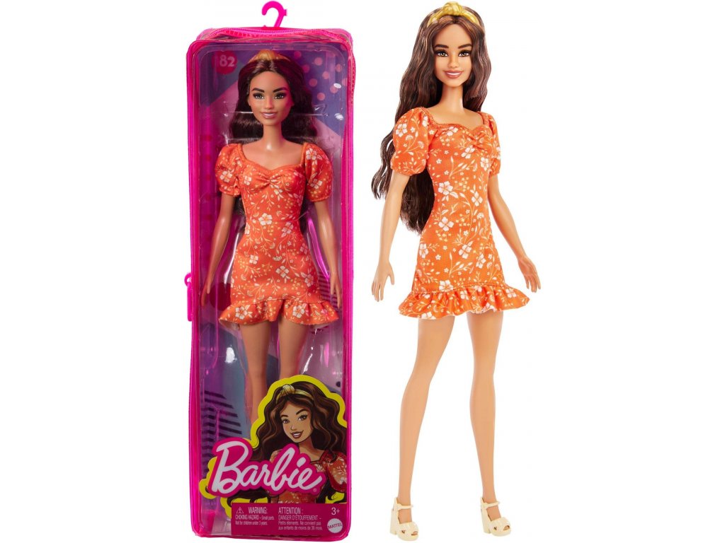 Barbie Fashionista s bílými a oranžovými květinovými šaty - MATTEL