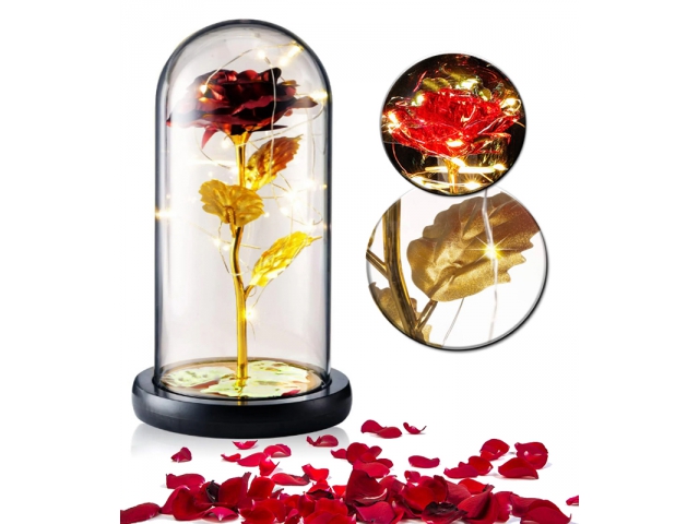 Alum - Věčná červeno-zlatá růže ve skle se světlem