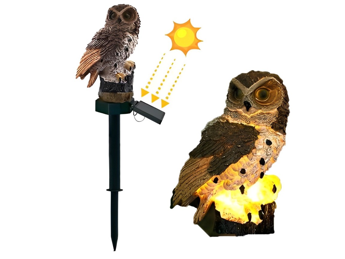 Dekorativní LED solární lampa Sova - hnědá/bílá