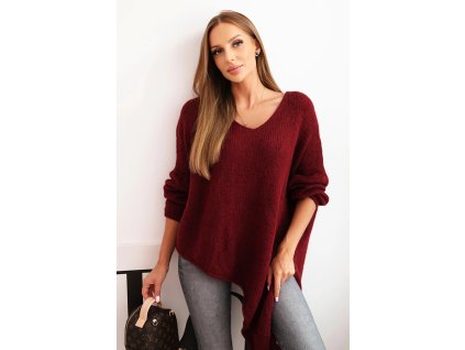 pol po Sweter damski welniany asymetryczny Plus Size z dekoltem V bordowy 34476 3
