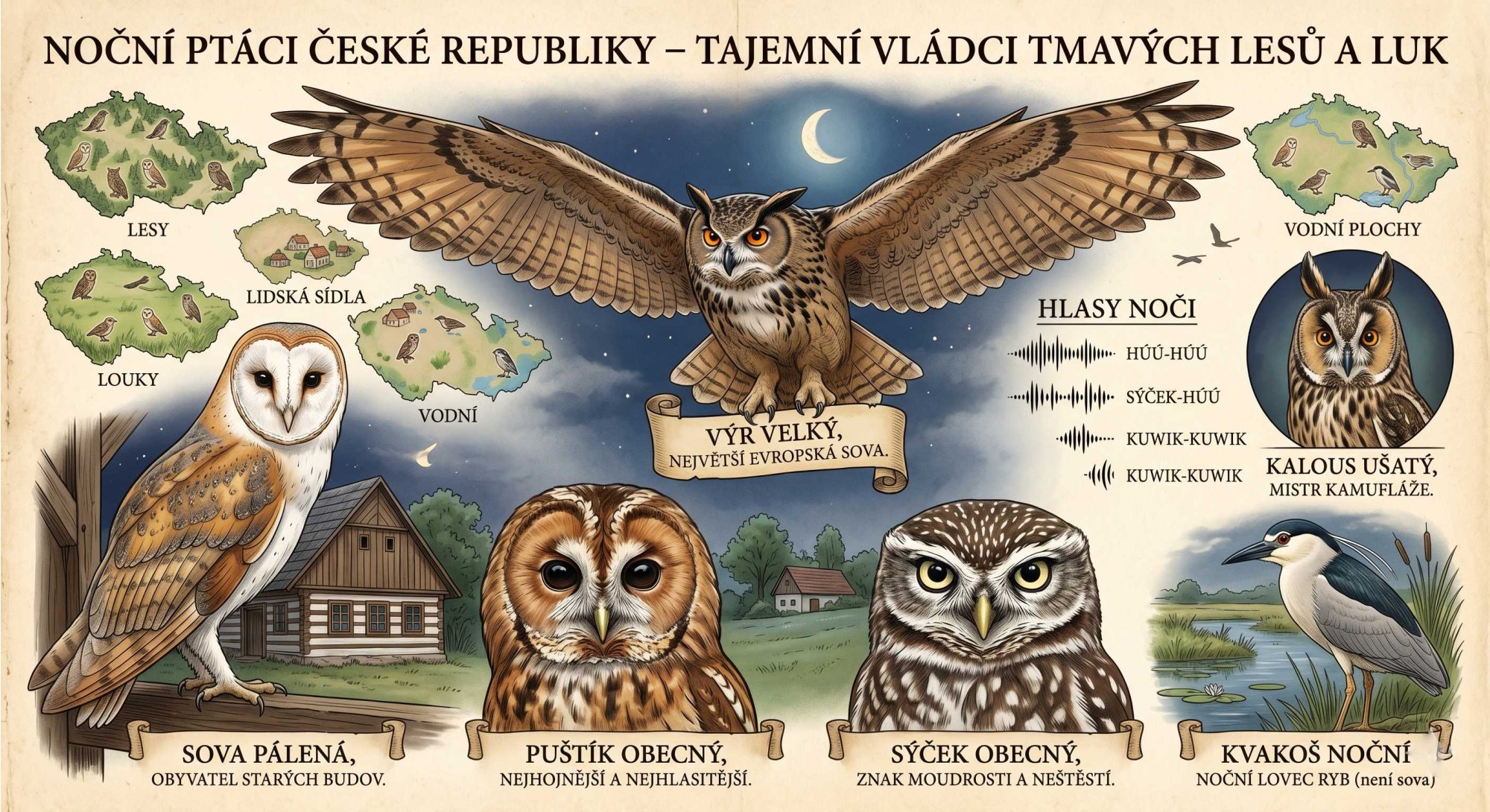 Noční ptáci v Česku: Poznávací kvíz sov a průvodce druhy
